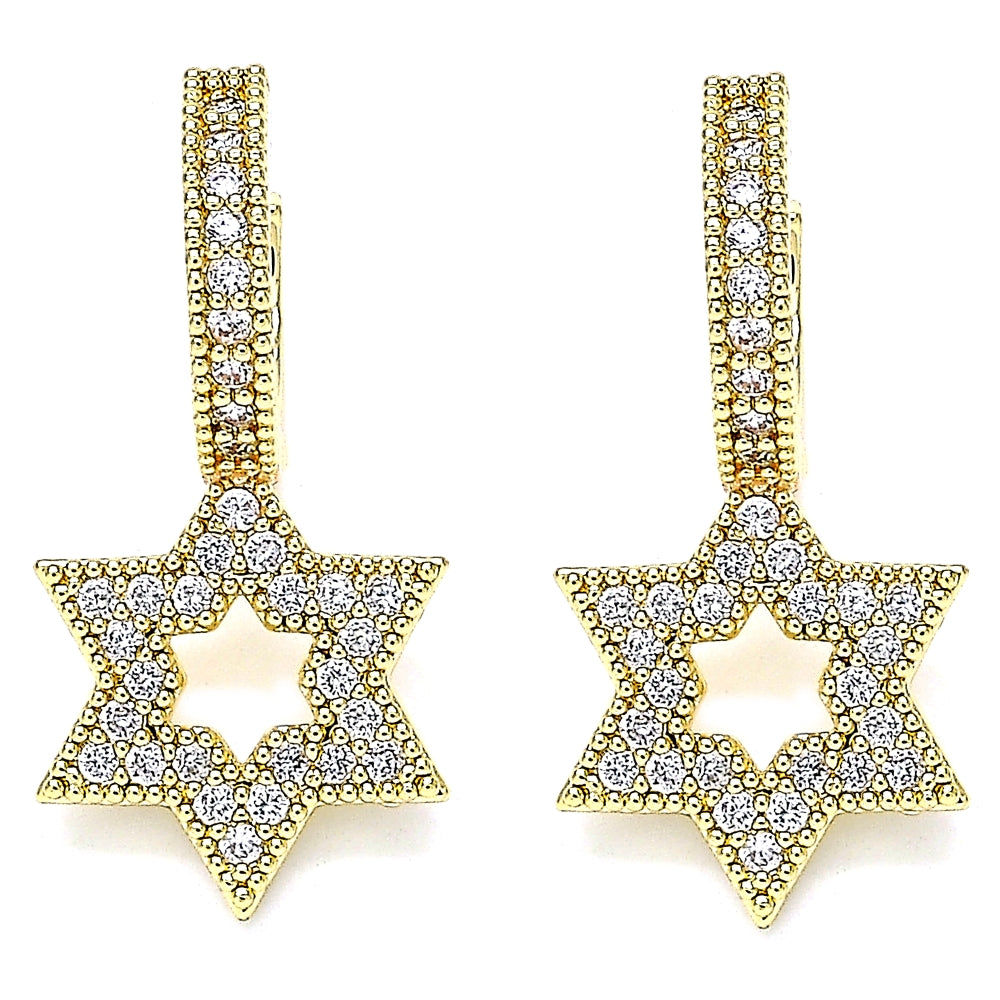 Oro Laminado Huggie Hoop, Gold Filled Style Star of David Design, with White Micro Pave, Polished, Golden Finish