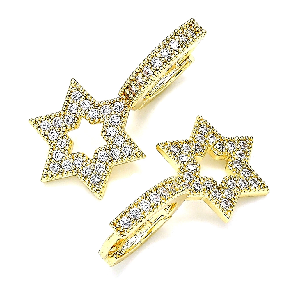 Oro Laminado Huggie Hoop, Gold Filled Style Star of David Design, with White Micro Pave, Polished, Golden Finish