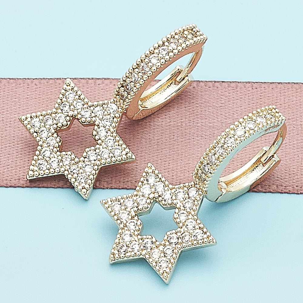 Oro Laminado Huggie Hoop, Gold Filled Style Star of David Design, with White Micro Pave, Polished, Golden Finish