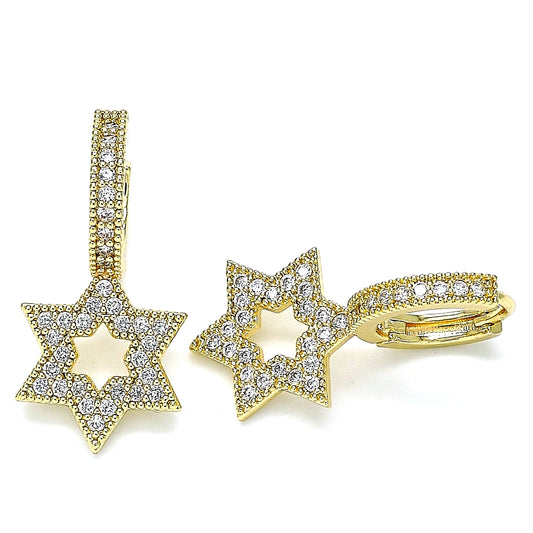 Oro Laminado Huggie Hoop, Gold Filled Style Star of David Design, with White Micro Pave, Polished, Golden Finish