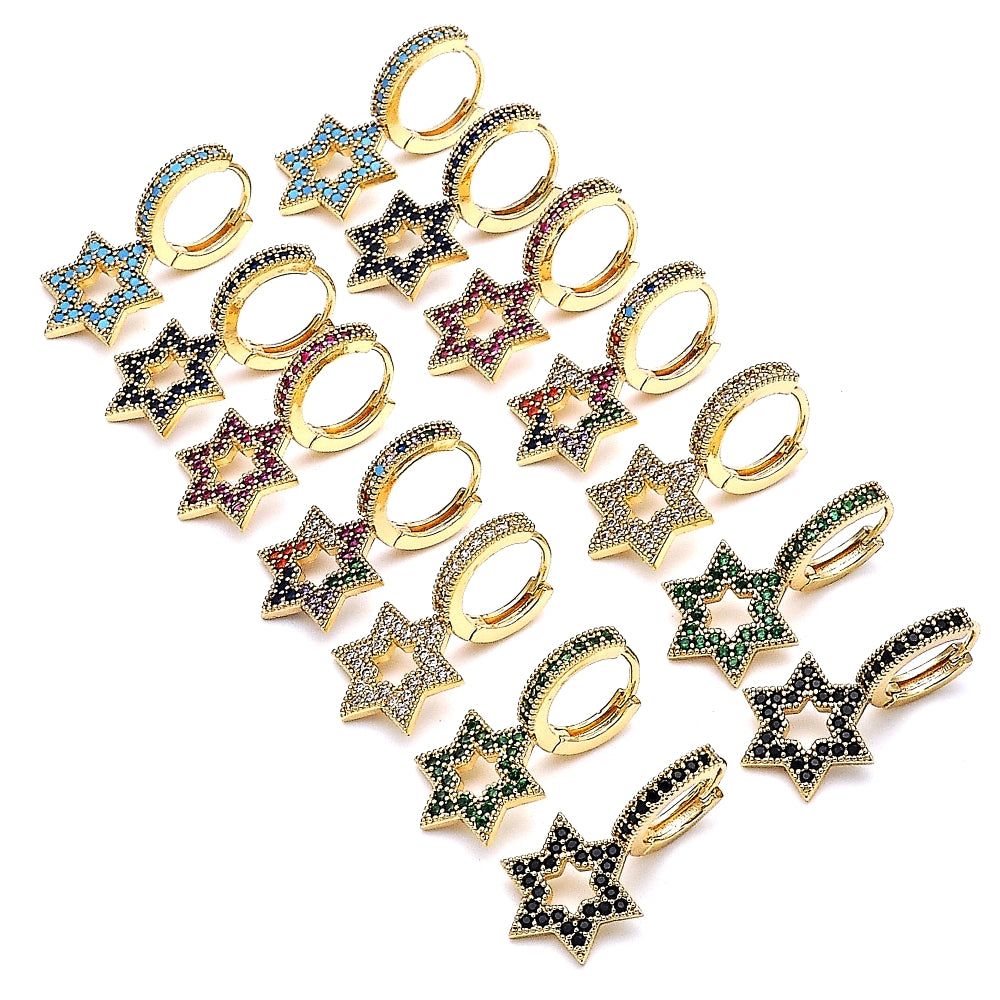 Oro Laminado Huggie Hoop, Gold Filled Style Star of David Design, with White Micro Pave, Polished, Golden Finish