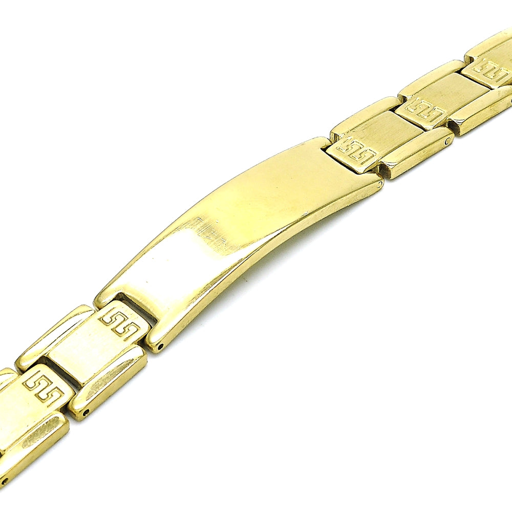 Stainless Steel Solid Bracelet, Greek Key Design, Polished, Golden Finish