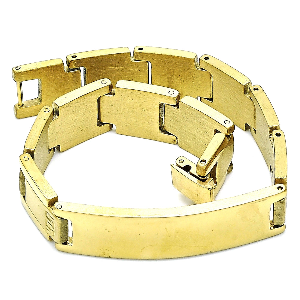 Stainless Steel Solid Bracelet, Greek Key Design, Polished, Golden Finish