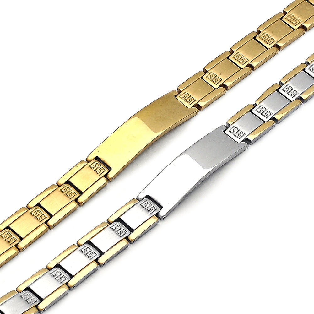 Stainless Steel Solid Bracelet, Greek Key Design, Polished, Golden Finish