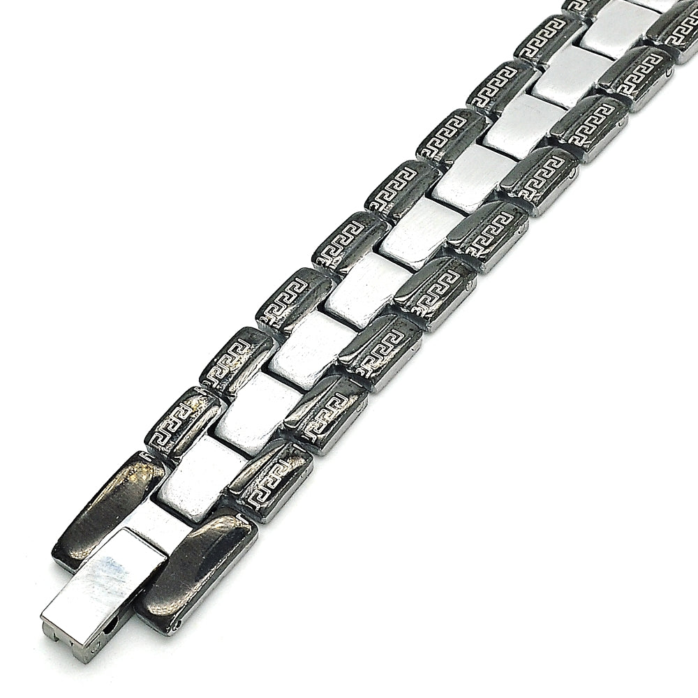 Stainless Steel Solid Bracelet, Greek Key Design, Polished, Two Tone