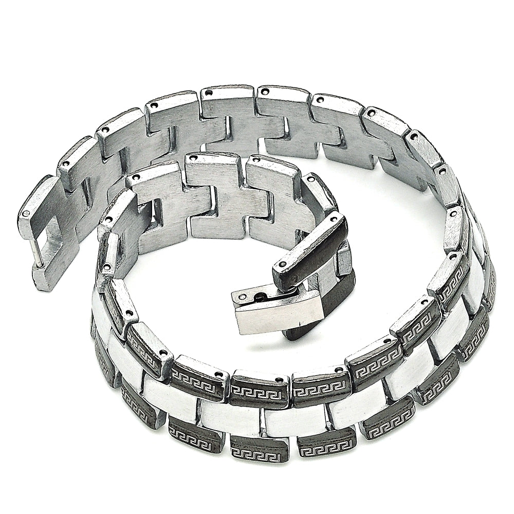 Stainless Steel Solid Bracelet, Greek Key Design, Polished, Two Tone