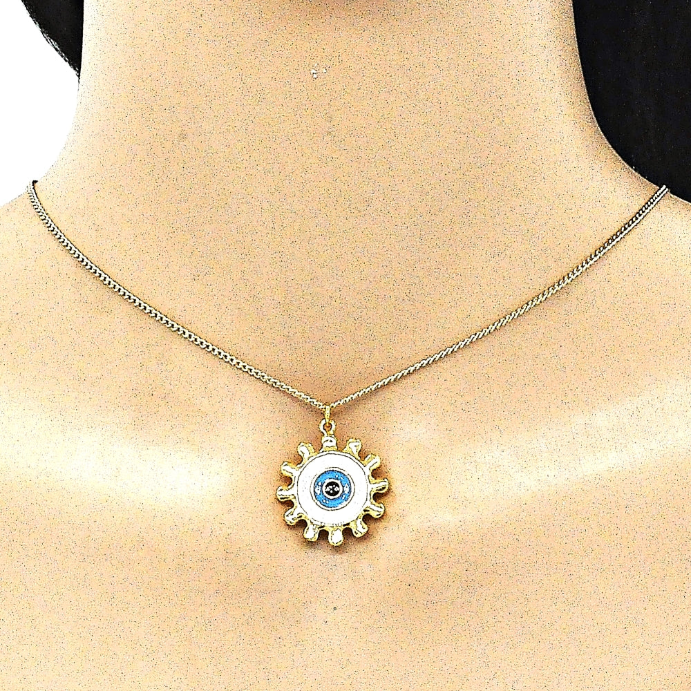 Oro Laminado Pendant Necklace, Gold Filled Style Evil Eye and Sun Design, White Enamel Finish, Golden Finish