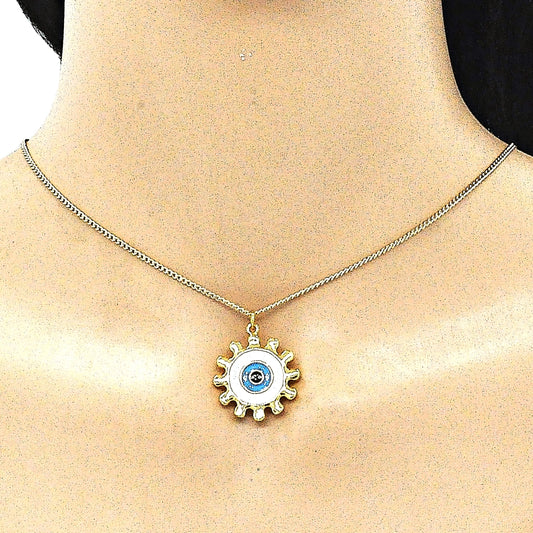 Oro Laminado Pendant Necklace, Gold Filled Style Evil Eye and Sun Design, White Enamel Finish, Golden Finish