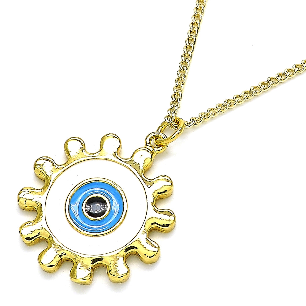 Oro Laminado Pendant Necklace, Gold Filled Style Evil Eye and Sun Design, White Enamel Finish, Golden Finish