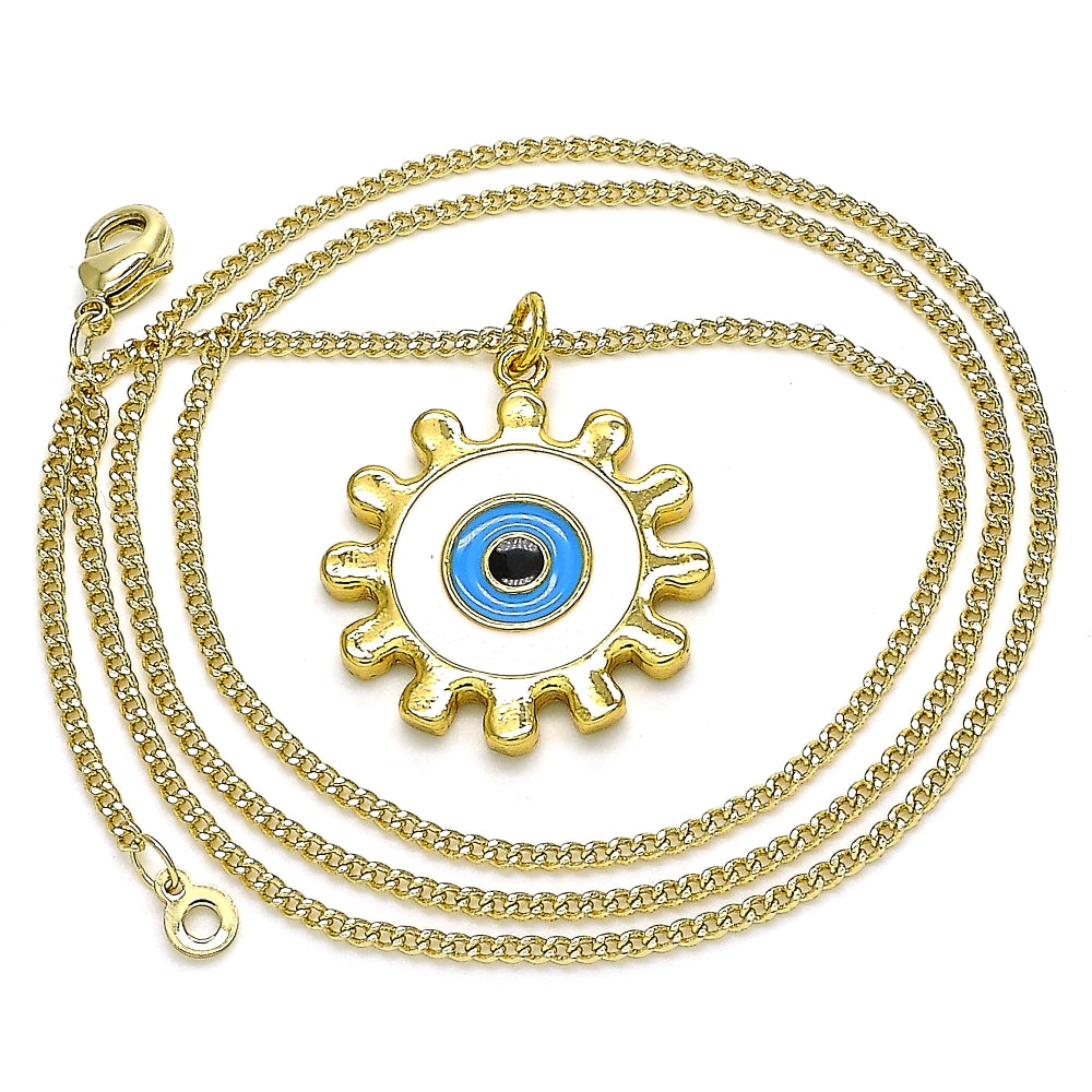 Oro Laminado Pendant Necklace, Gold Filled Style Evil Eye and Sun Design, White Enamel Finish, Golden Finish