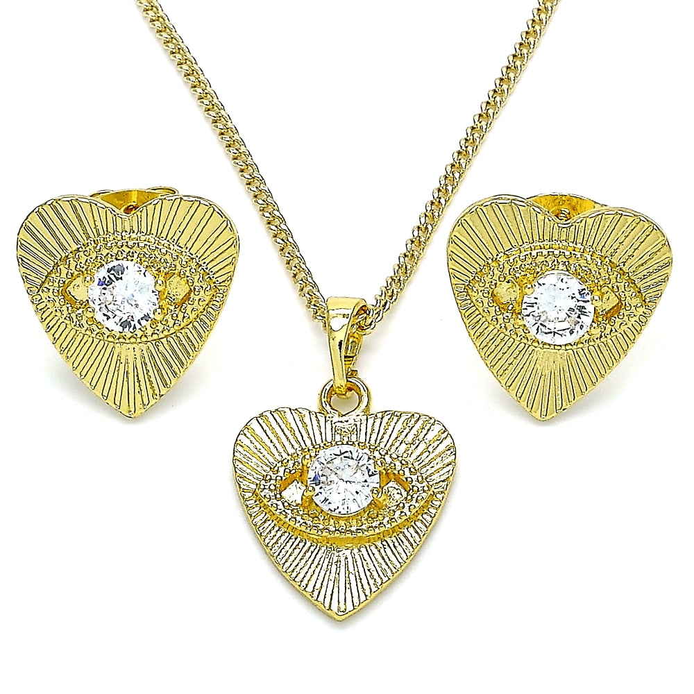 Oro Laminado Earring and Pendant Adult Set, Gold Filled Style Evil Eye and Heart Design, with White Cubic Zirconia, Polished, Golden Finish