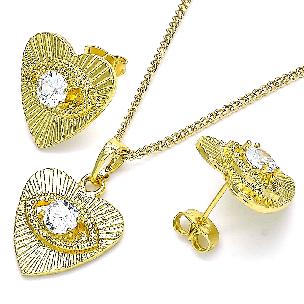Oro Laminado Earring and Pendant Adult Set, Gold Filled Style Evil Eye and Heart Design, with White Cubic Zirconia, Polished, Golden Finish