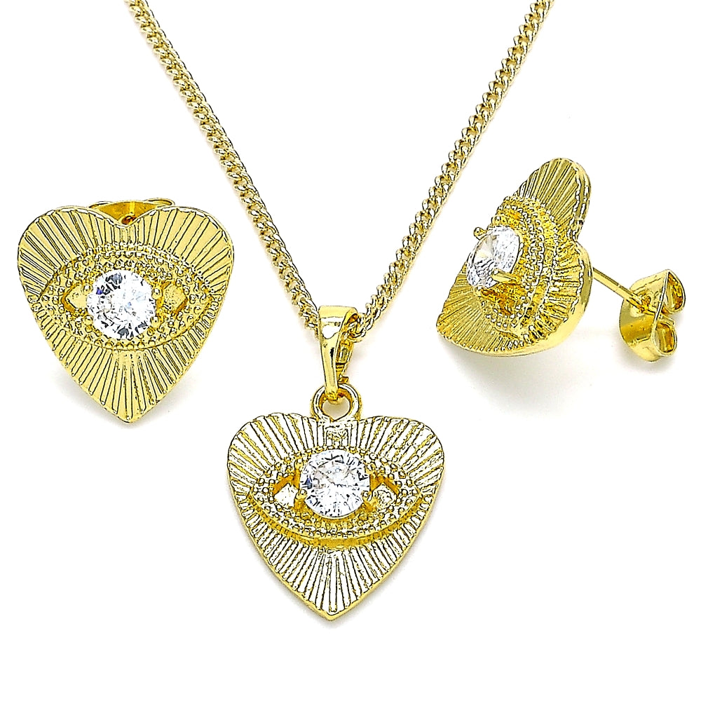 Oro Laminado Earring and Pendant Adult Set, Gold Filled Style Evil Eye and Heart Design, with White Cubic Zirconia, Polished, Golden Finish