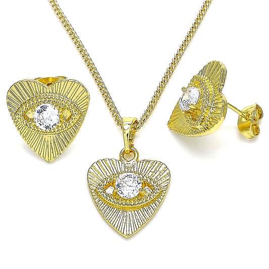 Oro Laminado Earring and Pendant Adult Set, Gold Filled Style Evil Eye and Heart Design, with White Cubic Zirconia, Polished, Golden Finish