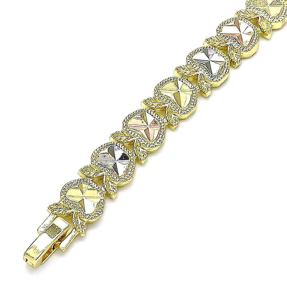 Oro Laminado Fancy Bracelet, Gold Filled Style Apple Design, Diamond Cutting Finish, Tricolor