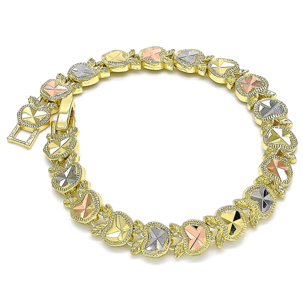 Oro Laminado Fancy Bracelet, Gold Filled Style Apple Design, Diamond Cutting Finish, Tricolor