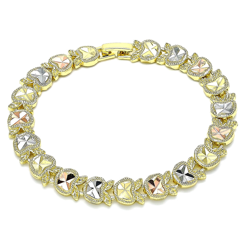 Oro Laminado Fancy Bracelet, Gold Filled Style Apple Design, Diamond Cutting Finish, Tricolor