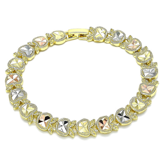 Oro Laminado Fancy Bracelet, Gold Filled Style Apple Design, Diamond Cutting Finish, Tricolor
