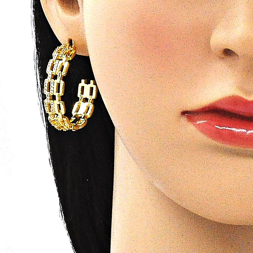 Oro Laminado Stud Earring, Gold Filled Style Paperclip Design, with White Micro Pave, Polished, Golden Finish