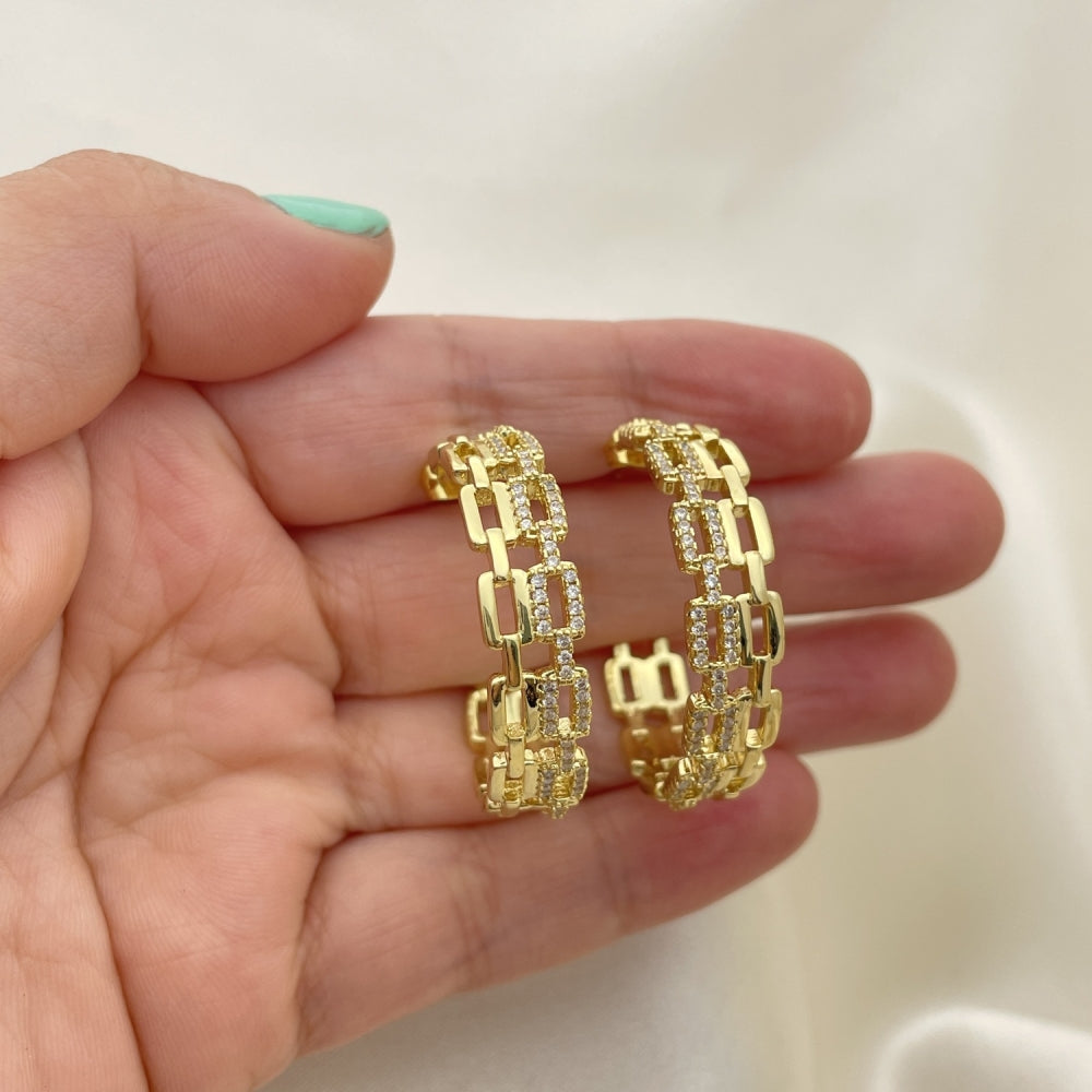 Oro Laminado Stud Earring, Gold Filled Style Paperclip Design, with White Micro Pave, Polished, Golden Finish