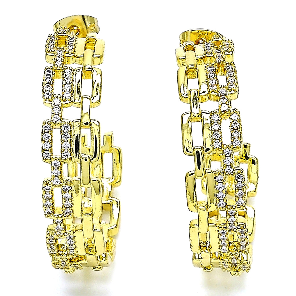 Oro Laminado Stud Earring, Gold Filled Style Paperclip Design, with White Micro Pave, Polished, Golden Finish