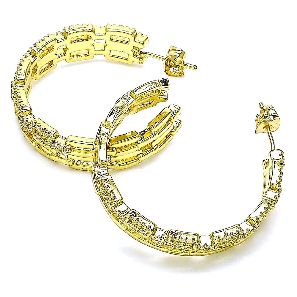 Oro Laminado Stud Earring, Gold Filled Style Paperclip Design, with White Micro Pave, Polished, Golden Finish