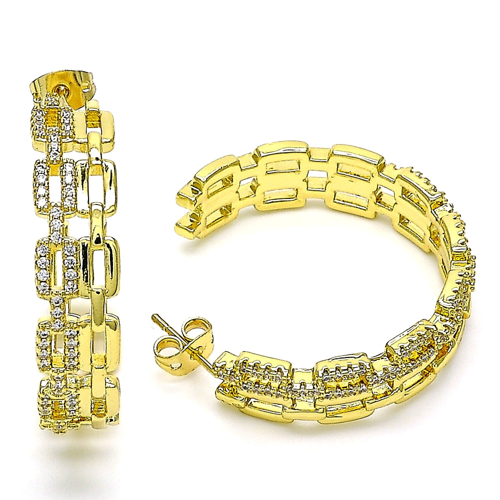 Oro Laminado Stud Earring, Gold Filled Style Paperclip Design, with White Micro Pave, Polished, Golden Finish