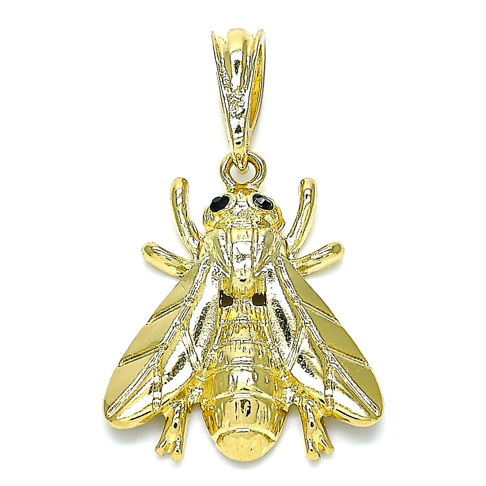 Oro Laminado Fancy Pendant, Gold Filled Style Bee Design, with Black Crystal, Polished, Golden Finish