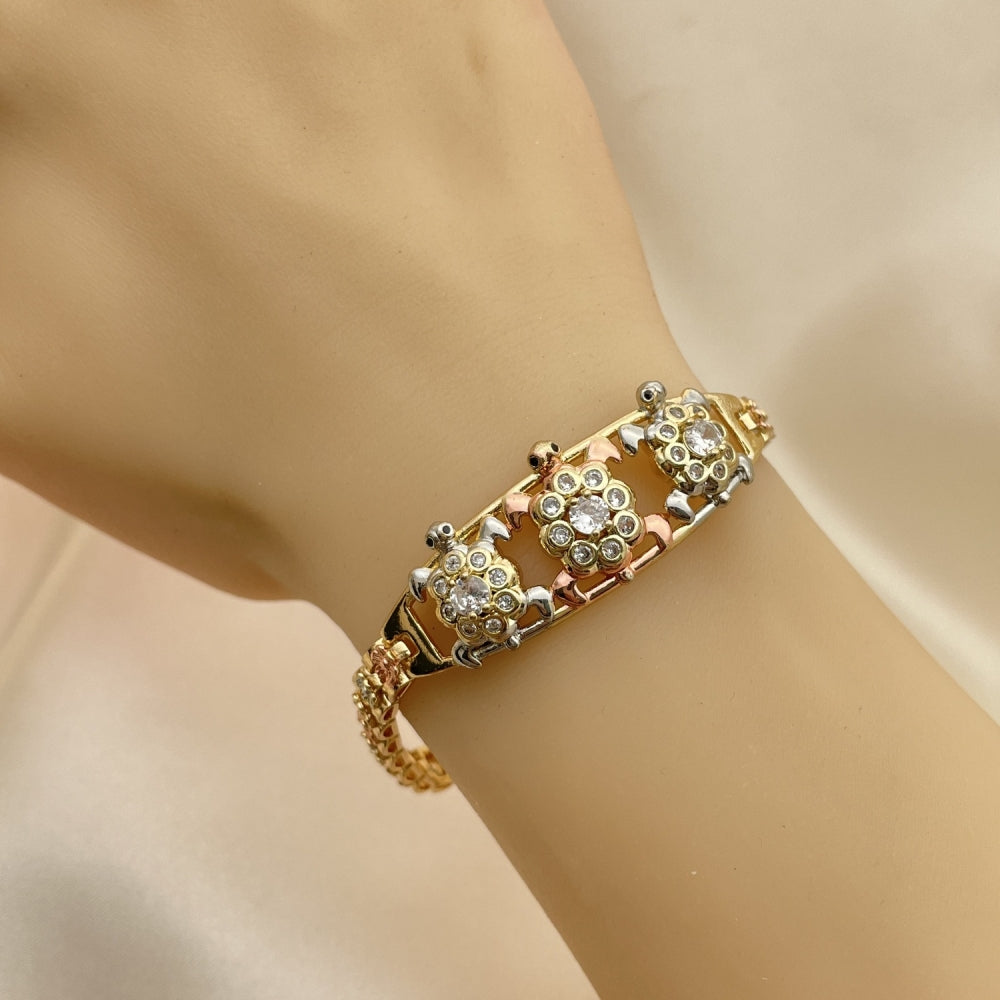 Oro Laminado Fancy Bracelet, Gold Filled Style Turtle and Flower Design, with White and Black Cubic Zirconia, Polished, Tricolor