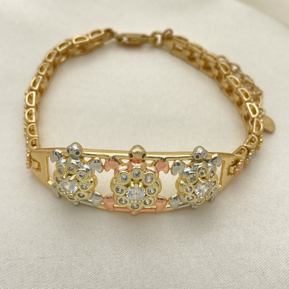 Oro Laminado Fancy Bracelet, Gold Filled Style Turtle and Flower Design, with White and Black Cubic Zirconia, Polished, Tricolor