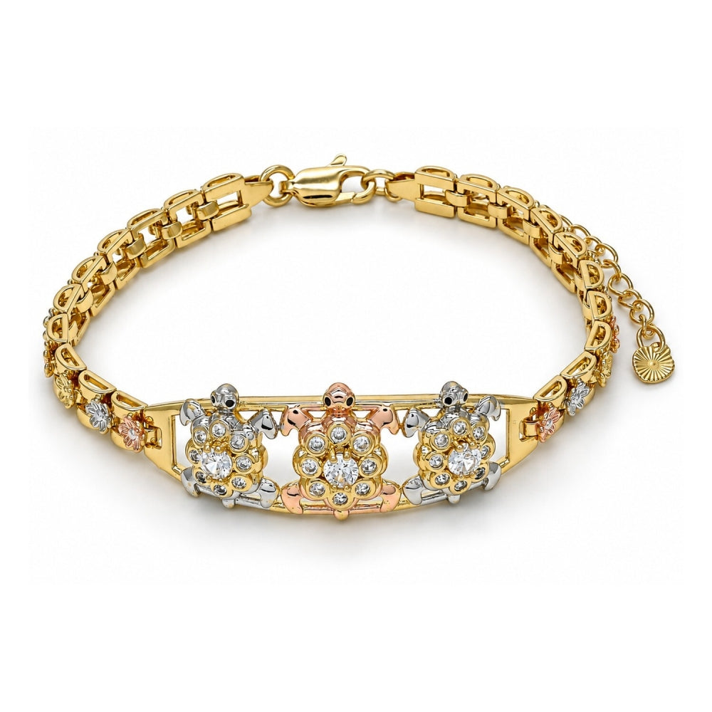 Oro Laminado Fancy Bracelet, Gold Filled Style Turtle and Flower Design, with White and Black Cubic Zirconia, Polished, Tricolor
