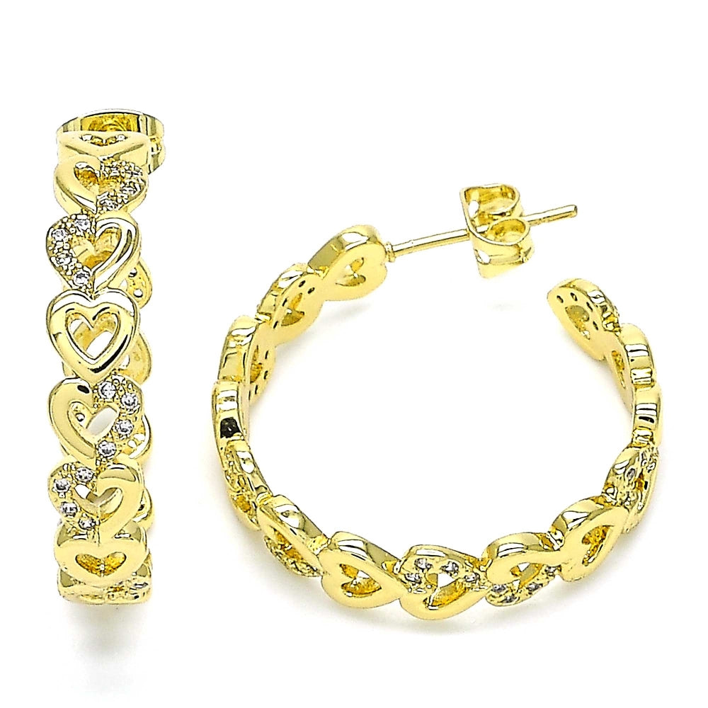 Oro Laminado Stud Earring, Gold Filled Style Heart Design, with White Micro Pave, Polished, Golden Finish