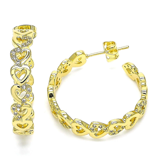 Oro Laminado Stud Earring, Gold Filled Style Heart Design, with White Micro Pave, Polished, Golden Finish