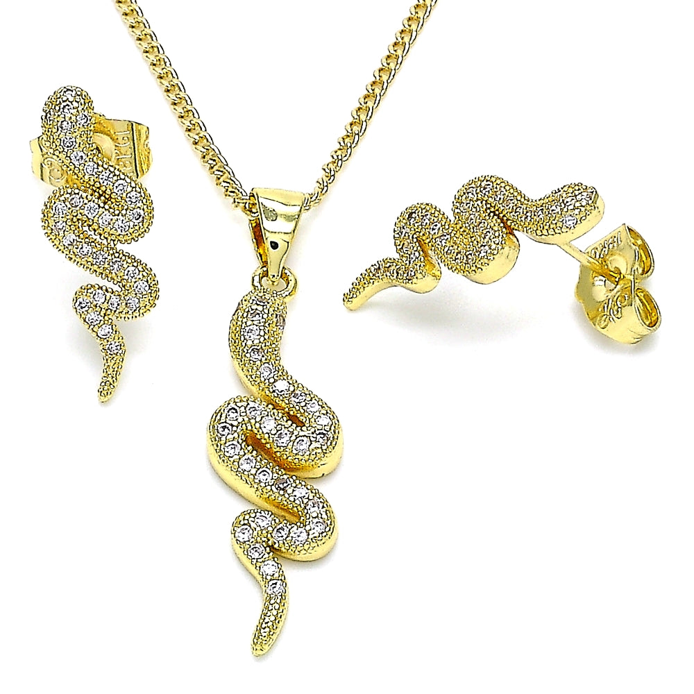 Oro Laminado Earring and Pendant Adult Set, Gold Filled Style Snake Design, with White Micro Pave, Polished, Golden Finish