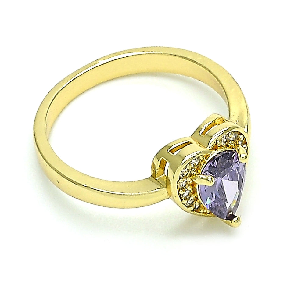 Oro Laminado Multi Stone Ring, Gold Filled Style Heart and Teardrop Design, with Amethyst and White Cubic Zirconia, Polished, Golden Finish
