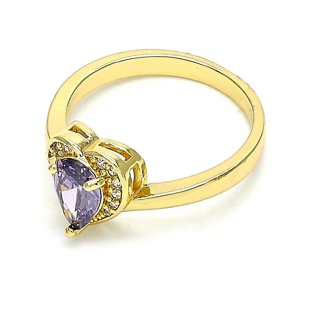 Oro Laminado Multi Stone Ring, Gold Filled Style Heart and Teardrop Design, with Amethyst and White Cubic Zirconia, Polished, Golden Finish