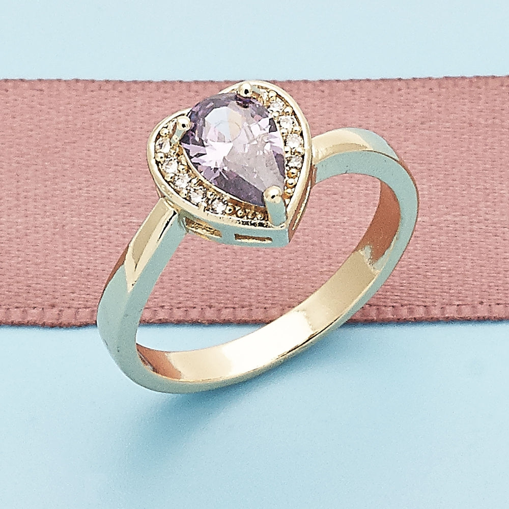 Oro Laminado Multi Stone Ring, Gold Filled Style Heart and Teardrop Design, with Amethyst and White Cubic Zirconia, Polished, Golden Finish