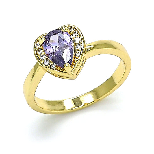 Oro Laminado Multi Stone Ring, Gold Filled Style Heart and Teardrop Design, with Amethyst and White Cubic Zirconia, Polished, Golden Finish