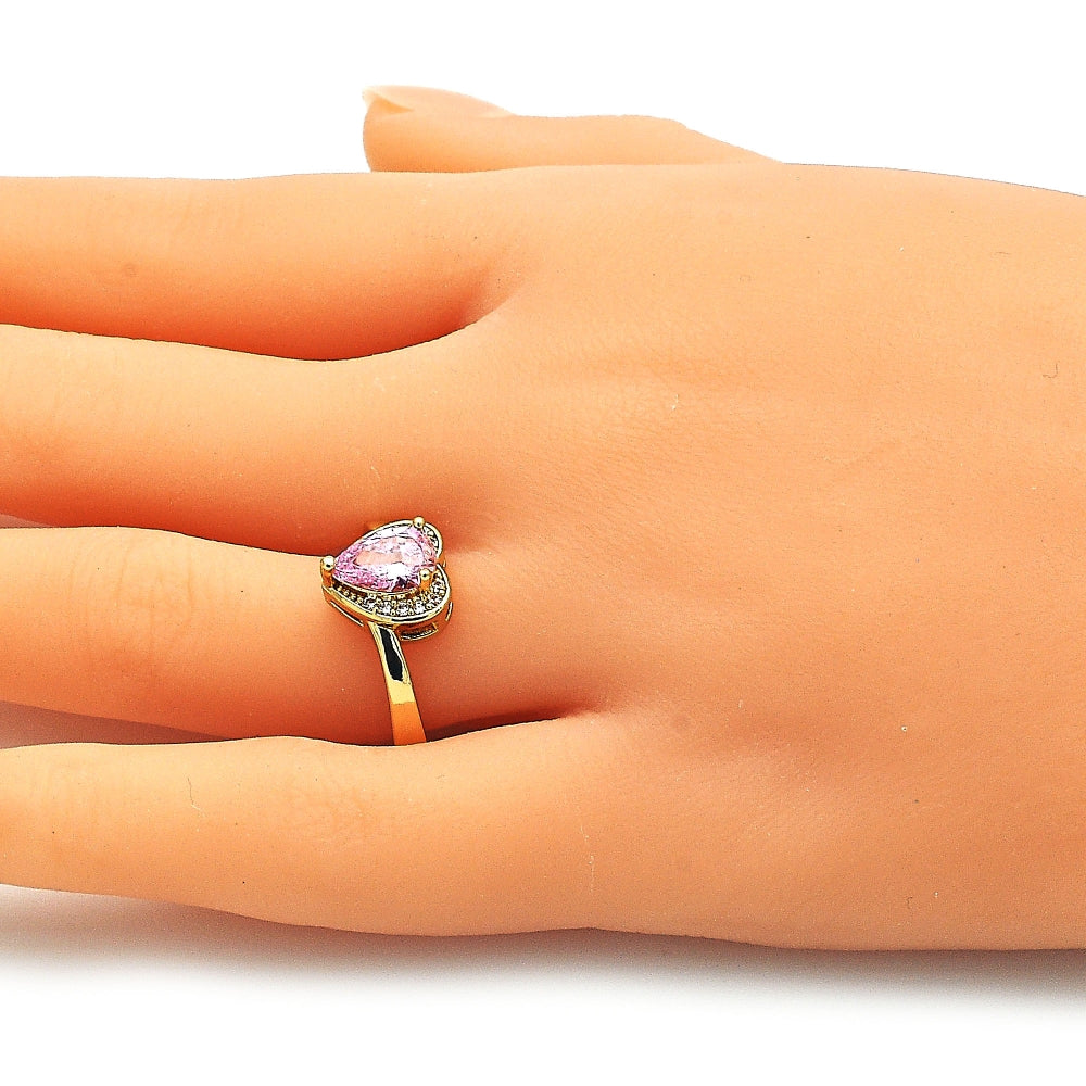 Oro Laminado Multi Stone Ring, Gold Filled Style Heart and Teardrop Design, with Pink and White Cubic Zirconia, Polished, Golden Finish