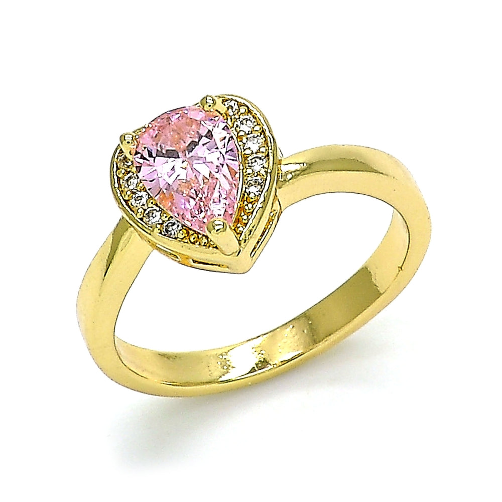 Oro Laminado Multi Stone Ring, Gold Filled Style Heart and Teardrop Design, with Pink and White Cubic Zirconia, Polished, Golden Finish