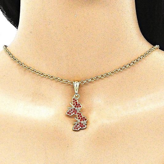 Oro Laminado Fancy Pendant, Gold Filled Style Butterfly Design, with Garnet Crystal, Polished, Golden Finish