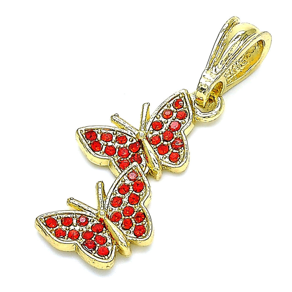 Oro Laminado Fancy Pendant, Gold Filled Style Butterfly Design, with Garnet Crystal, Polished, Golden Finish