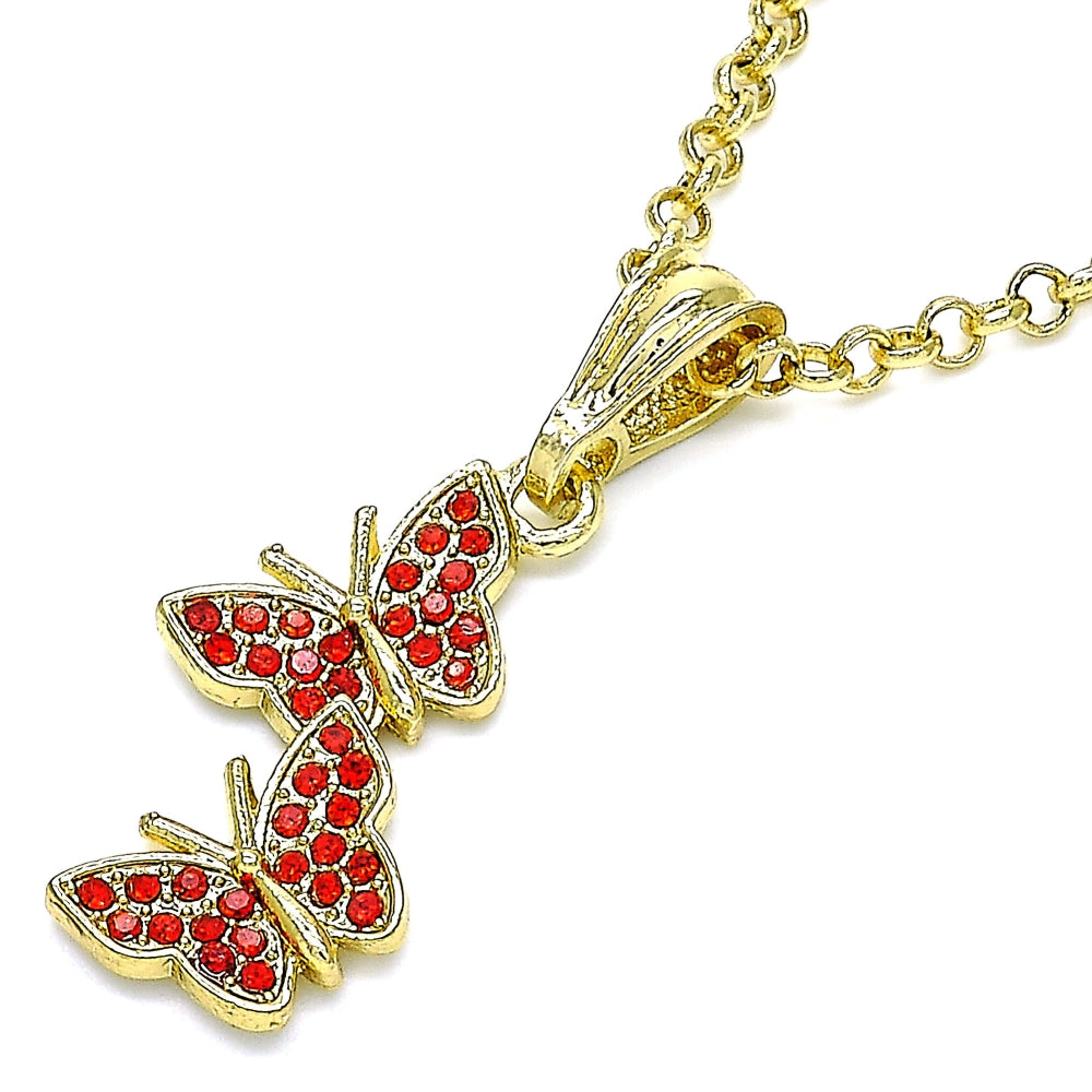 Oro Laminado Fancy Pendant, Gold Filled Style Butterfly Design, with Garnet Crystal, Polished, Golden Finish