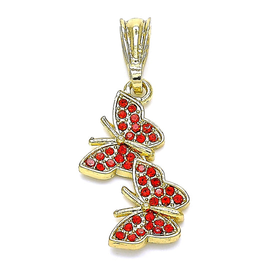 Oro Laminado Fancy Pendant, Gold Filled Style Butterfly Design, with Garnet Crystal, Polished, Golden Finish