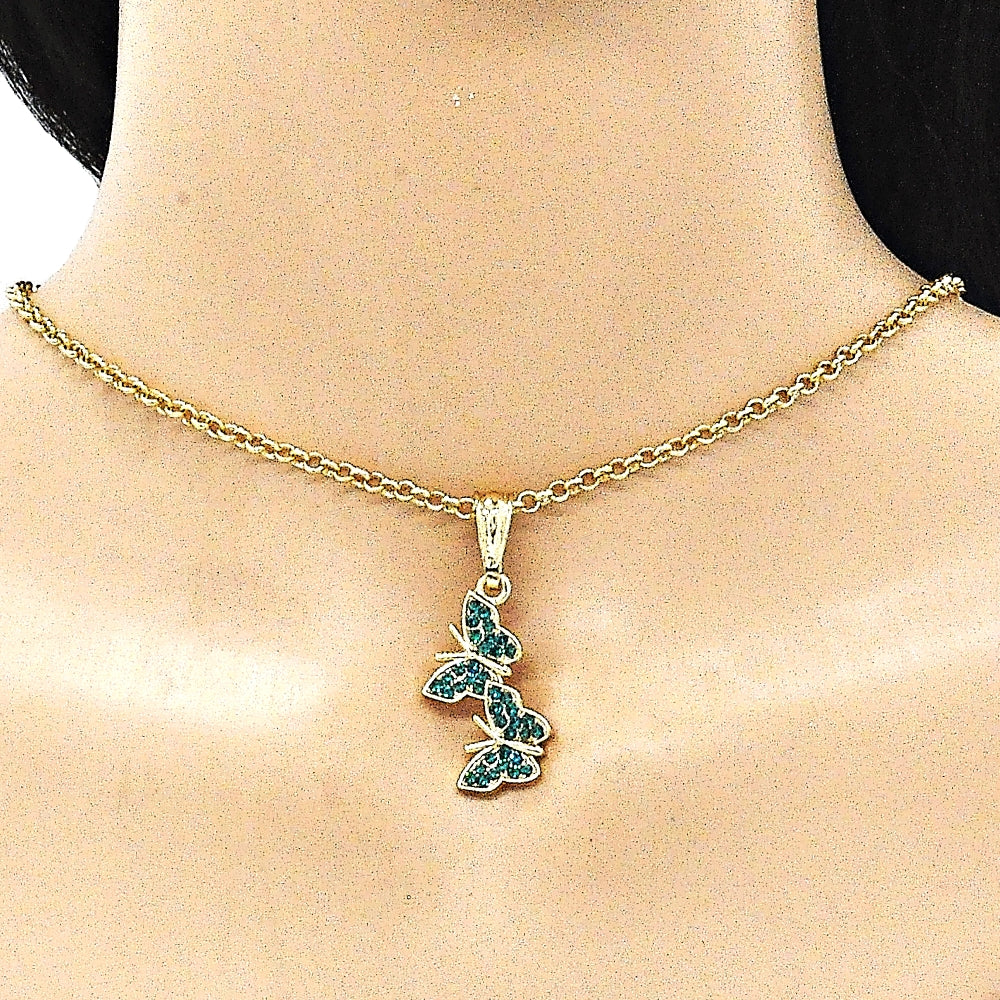 Oro Laminado Fancy Pendant, Gold Filled Style Butterfly Design, with Blue Zircon Crystal, Polished, Golden Finish