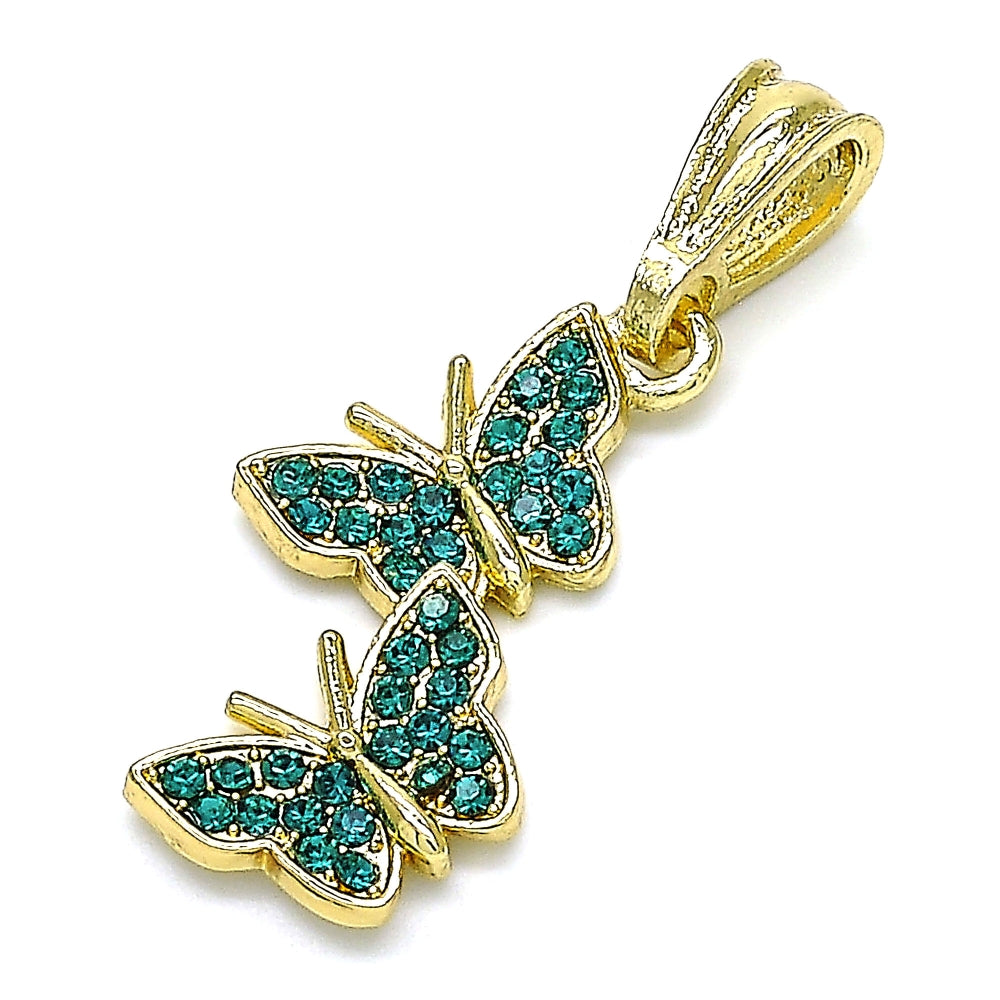 Oro Laminado Fancy Pendant, Gold Filled Style Butterfly Design, with Blue Zircon Crystal, Polished, Golden Finish