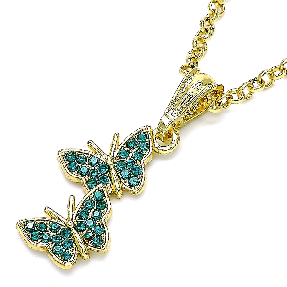Oro Laminado Fancy Pendant, Gold Filled Style Butterfly Design, with Blue Zircon Crystal, Polished, Golden Finish