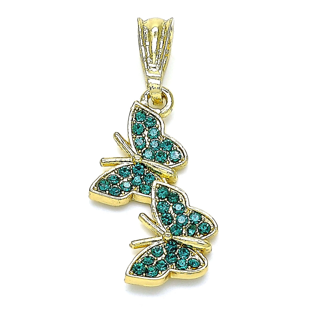 Oro Laminado Fancy Pendant, Gold Filled Style Butterfly Design, with Blue Zircon Crystal, Polished, Golden Finish