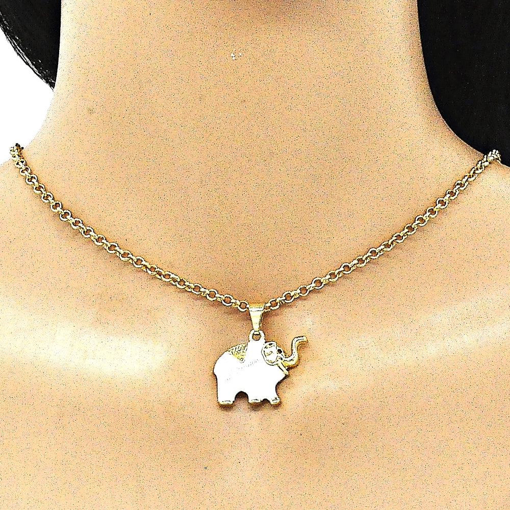 Oro Laminado Fancy Pendant, Gold Filled Style Elephant Design, White Enamel Finish, Golden Finish
