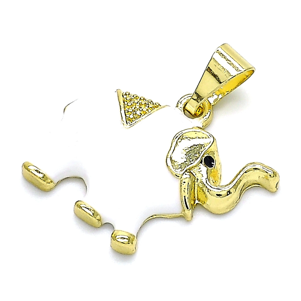 Oro Laminado Fancy Pendant, Gold Filled Style Elephant Design, White Enamel Finish, Golden Finish